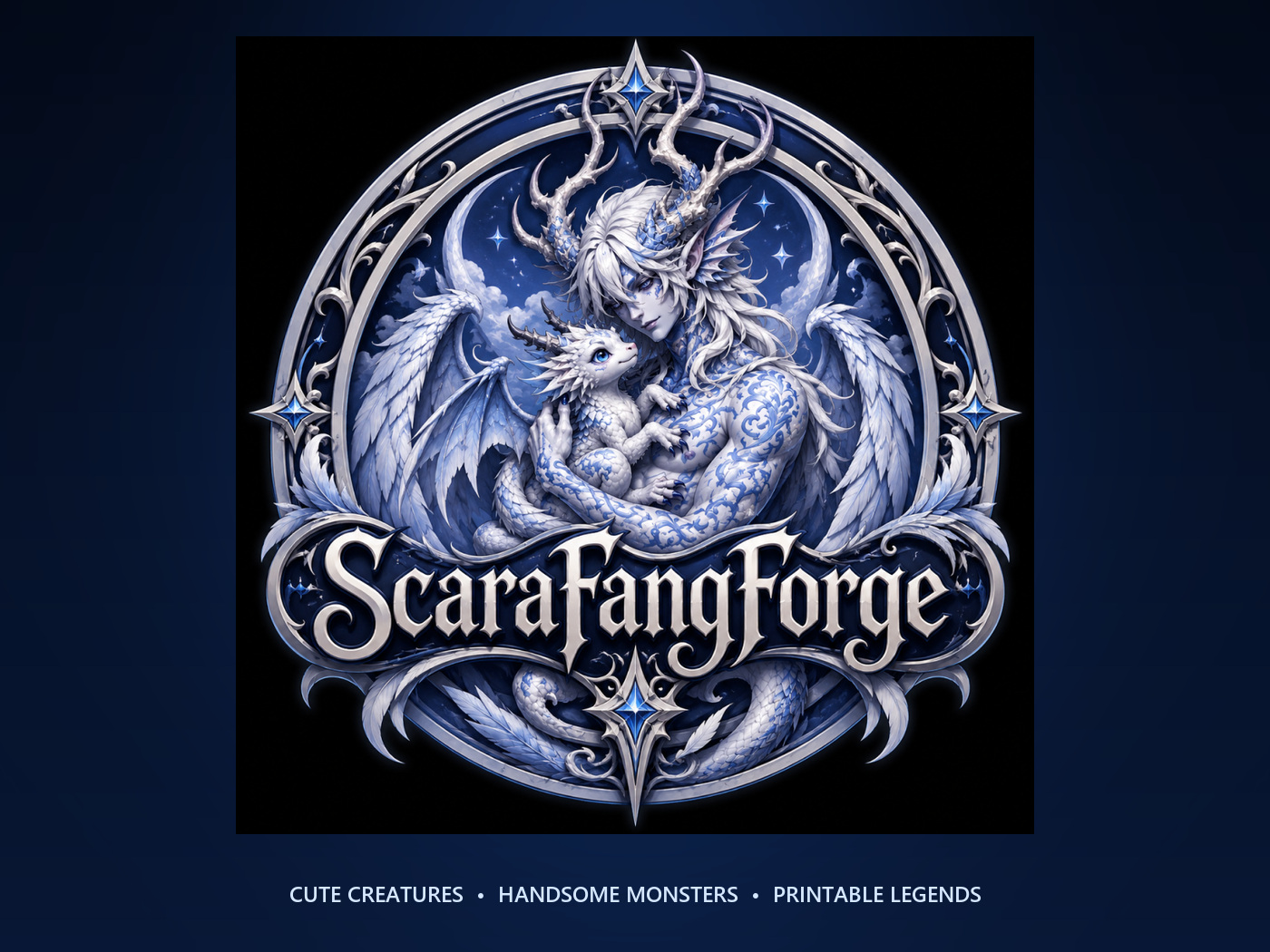 ScaraFangForge silver and sapphire brand crest